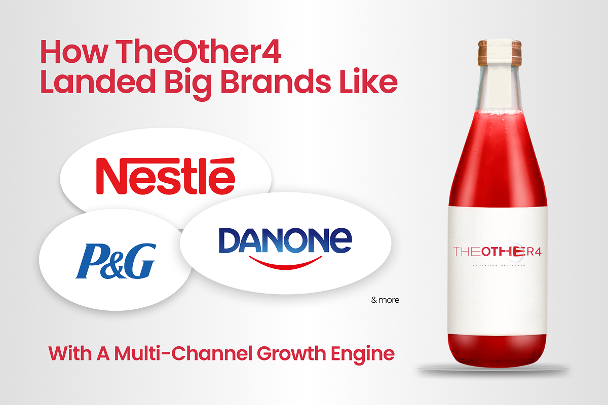 a red beverage bottle representing TheOther4 and the logos of P&G, Nestle, and Danone