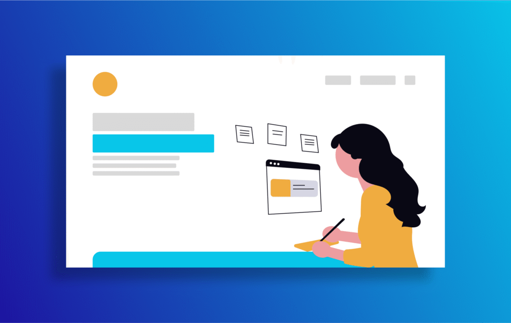 a graphic of a woman writing in front of a digital illustration of website landing page