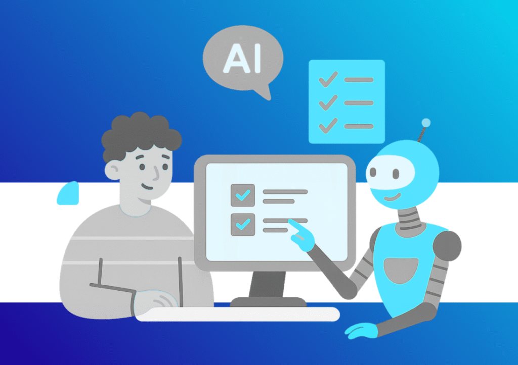 a graphic image of a boy sitting in front of a computer and there'a robot sitting in front of the boy and there are working together in co-pilot.