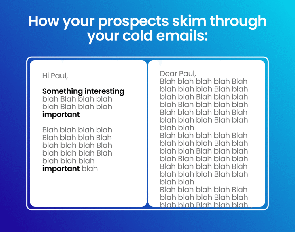 cold email 1 vs cold email 2 showing the importance of writing cold emails in short, crisp otherwise your reader find the whole text as blah and not important
