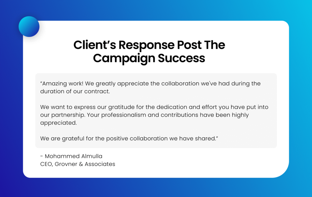 Client’s response post the campaign success “Amazing work! We greatly appreciate the collaboration we've had during the duration of our contract. We want to express our gratitude for the dedication and effort you have put into our partnership. Your professionalism and contributions have been highly appreciated. We are grateful for the positive collaboration we have shared.” - Mohammed Almulla CEO, Grovner & Associates