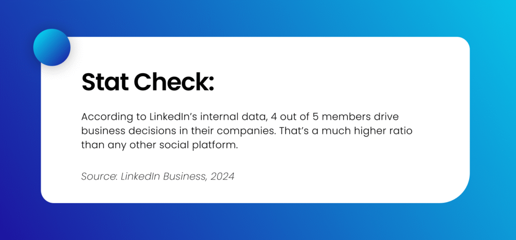 Stat check: According to LinkedIn’s internal data, 4 out of 5 members drive business decisions in their companies. That’s a much higher ratio than any other social platform. (LinkedIn Business, 2024)