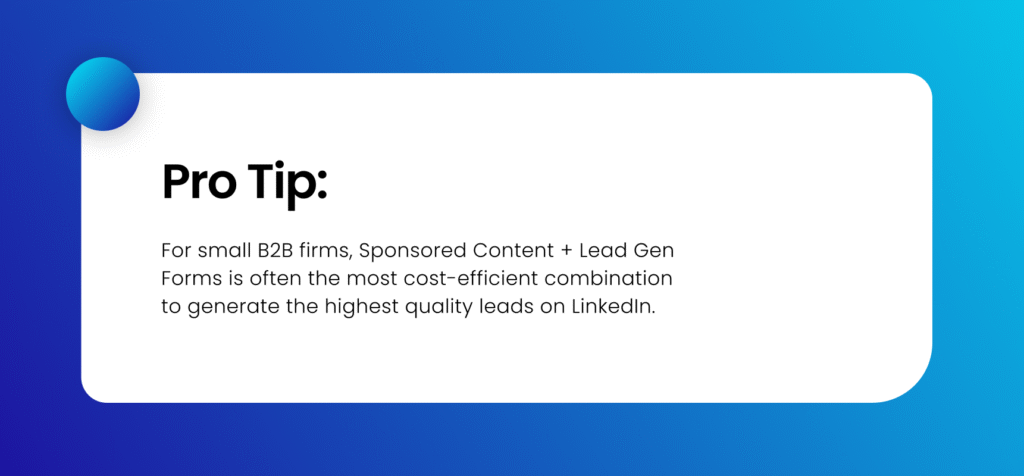 👉 Pro Tip: For small B2B firms, Sponsored Content + Lead Gen Forms is often the most cost-efficient combination to generate the highest quality leads on LinkedIn.
