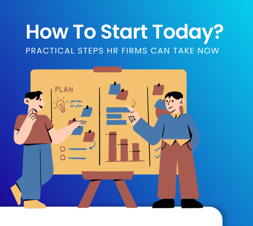 a graphic with blue background. on the graphic there's an illustration where two men in tshirts and pants working on the business reports and analytics on a yellow-colored board behind them