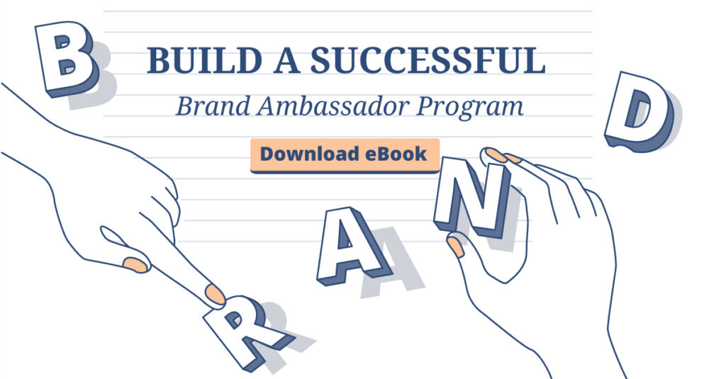 A LinkedIn single-image ad creative that brought the most number of leads for BrandChamp The text written on the image is, "Build a Successful Brand Ambassador Program" The entire picture has a white background. There are horizontal Blue-colored rulings on the page that makes it look like a school notebook. Then there are two cartoony hands that are arranging the letters 'R' and 'N' from the word BRAND.