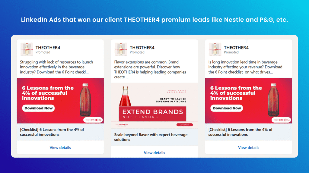 examples of the original LinkedIn ads, we, team Shivyaanchi, did for our beverage-innovation firm THEOTHER4