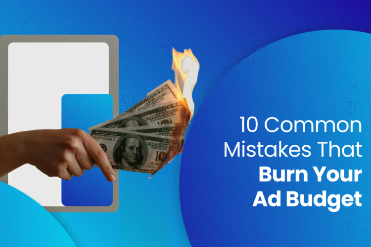 A human hand is holding money. A bundle of 3-4 Dollar notes and the notes are burning. It represents the title of the article: "10 Common LinkedIn Ads Mistakes That Burn Your Budget"