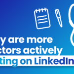 A blog article banner with Blue background with white, shiny gradient. There are 3 icons on the right upper corner. The icons are a notepad, a pen, and a stethoscope- all in color white. And there's a text written on the banner: "Why are more doctors actively writing on LinkedIn?"