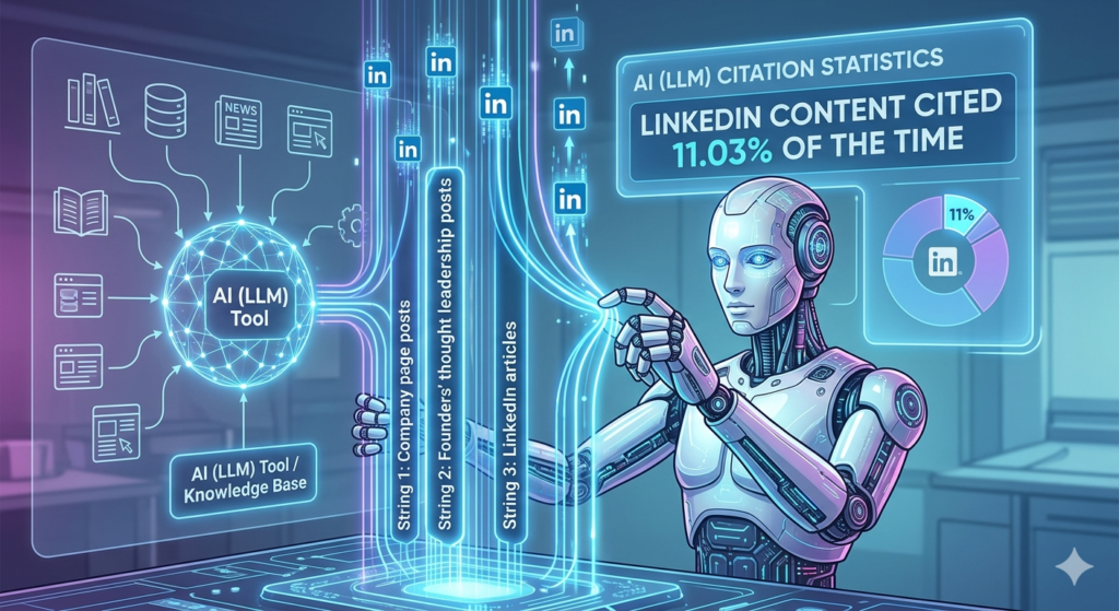 a robot referring an AI (LLM) tool pulling the content strings (string 1: Company page posts, String 2: Founders' thought leadership posts, String 3: LinkedIn articles). the image is to show how AI is citing LinkedIn's content 11 of the times.