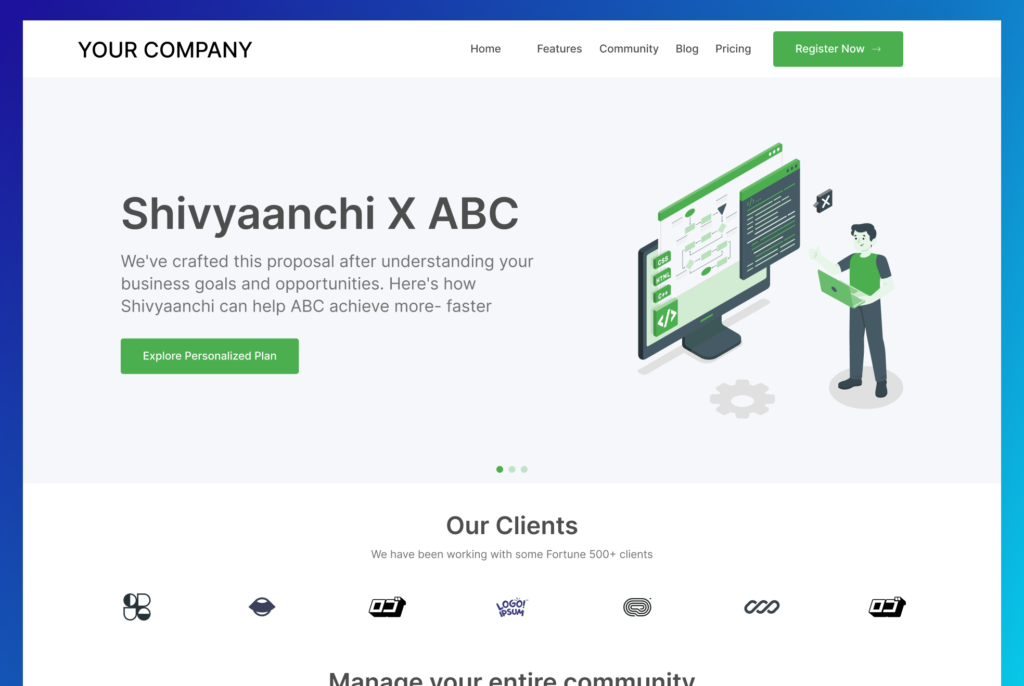 a mockup shot for a personalized landing page showing Shivyaanchi + ABC (a fictional B2B company) as if Shiyvaanchi is pitching LinkedIn Ads services to ABC company with a personalized website landing page
