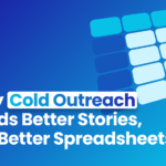 Blog article banner with Blue background and a white and blue table with a set of two hands shaking as if closing a B2B business deal. Why Traditional B2B Needs Better Stories, Not Better Spreadsheets