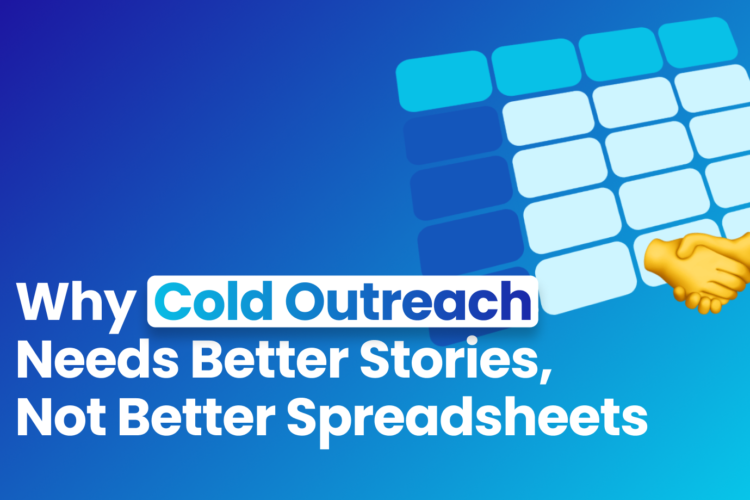 Blog article banner with Blue background and a white and blue table with a set of two hands shaking as if closing a B2B business deal. Why Traditional B2B Needs Better Stories, Not Better Spreadsheets
