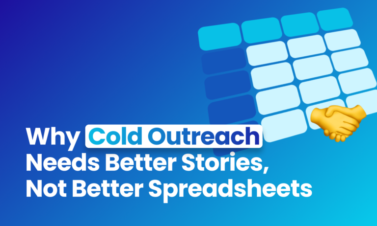 Blog article banner with Blue background and a white and blue table with a set of two hands shaking as if closing a B2B business deal. Why Traditional B2B Needs Better Stories, Not Better Spreadsheets