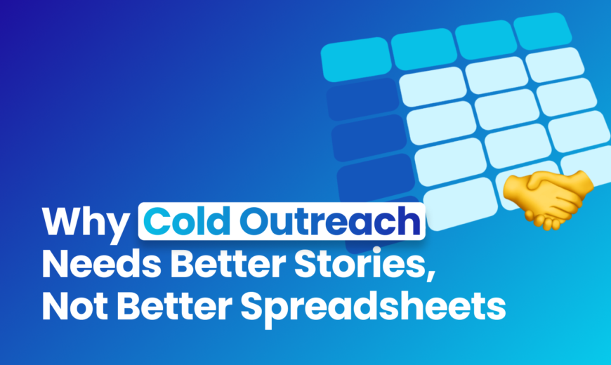 Blog article banner with Blue background and a white and blue table with a set of two hands shaking as if closing a B2B business deal. Why Traditional B2B Needs Better Stories, Not Better Spreadsheets