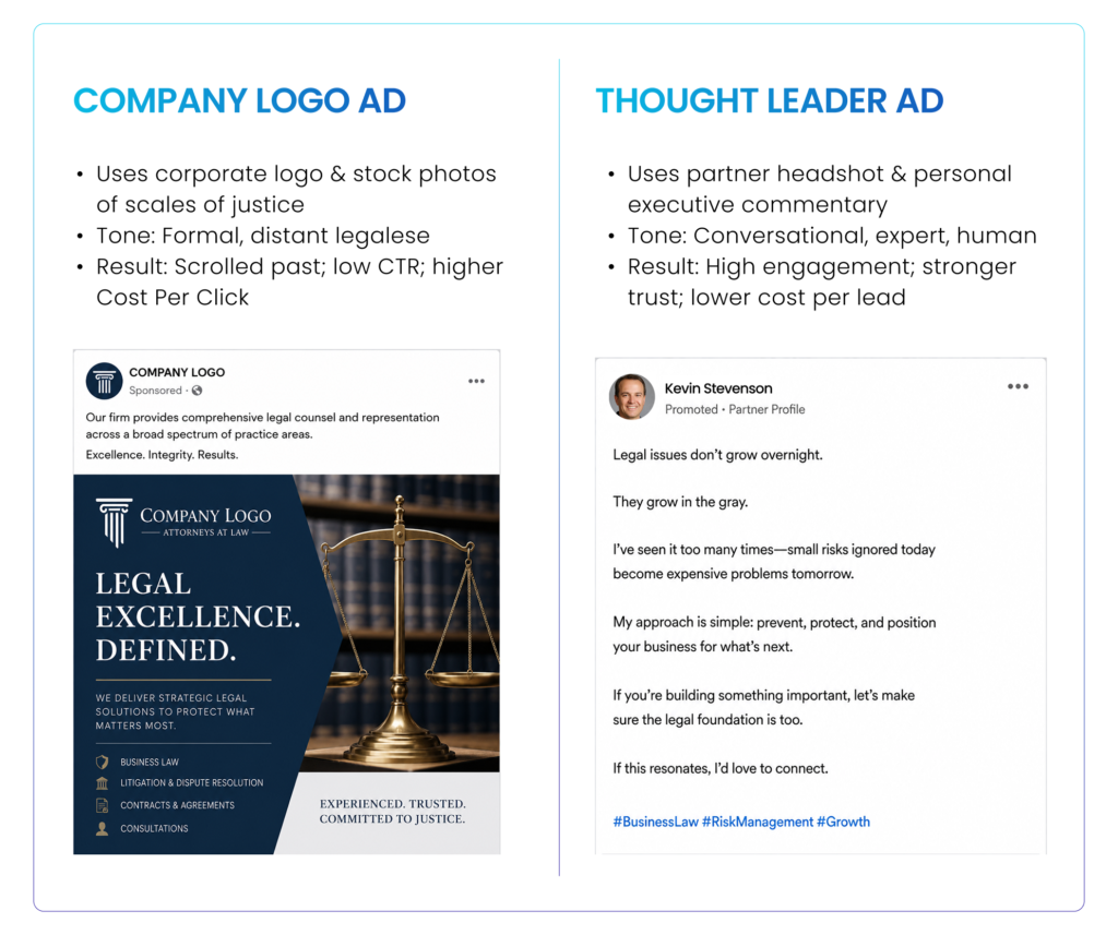 LinkedIn ads for law firms: company logo ad vs thought leadership ad 